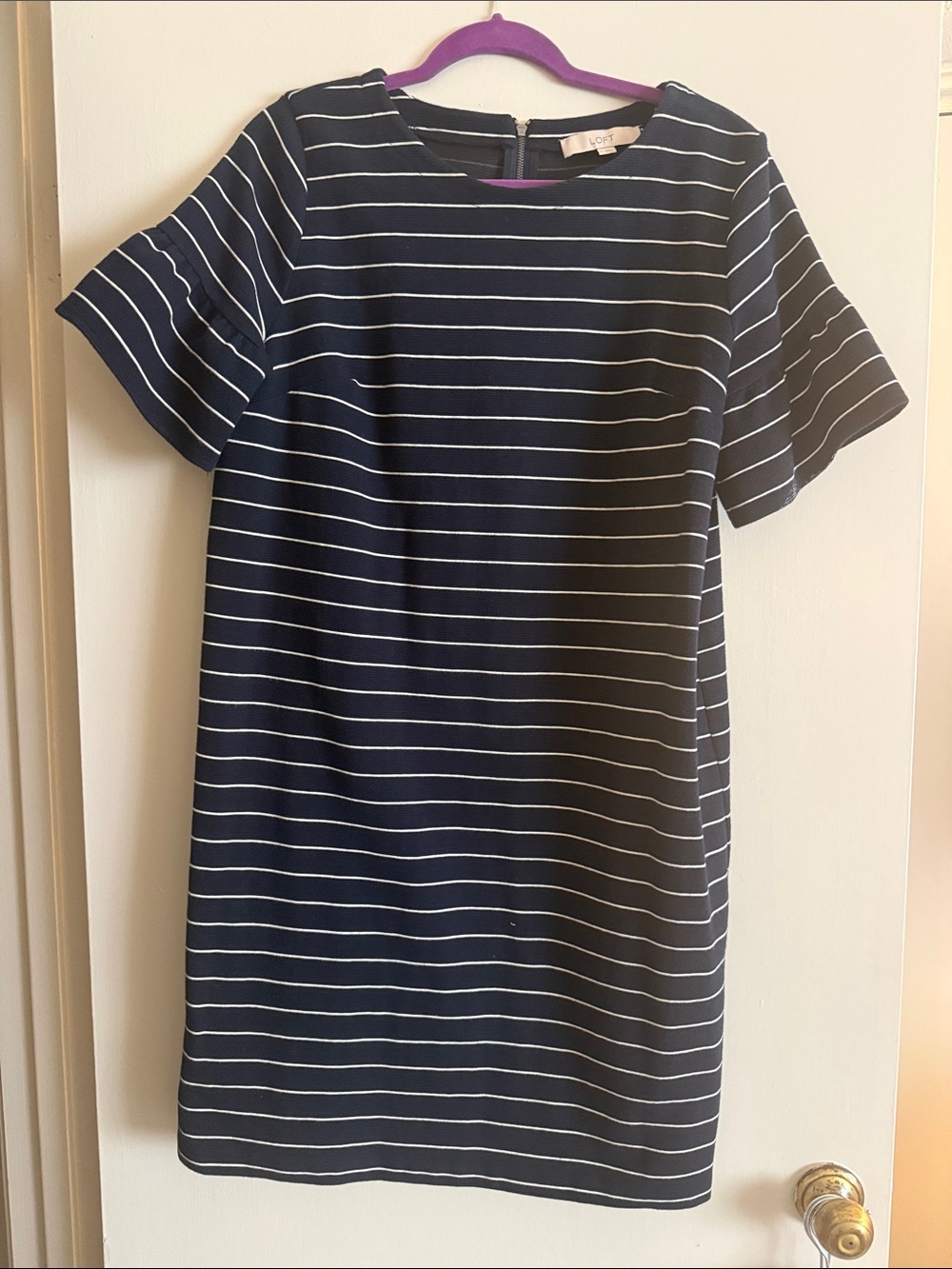 LOFT Navy and White Striped Short-Sleeve Shift Dress